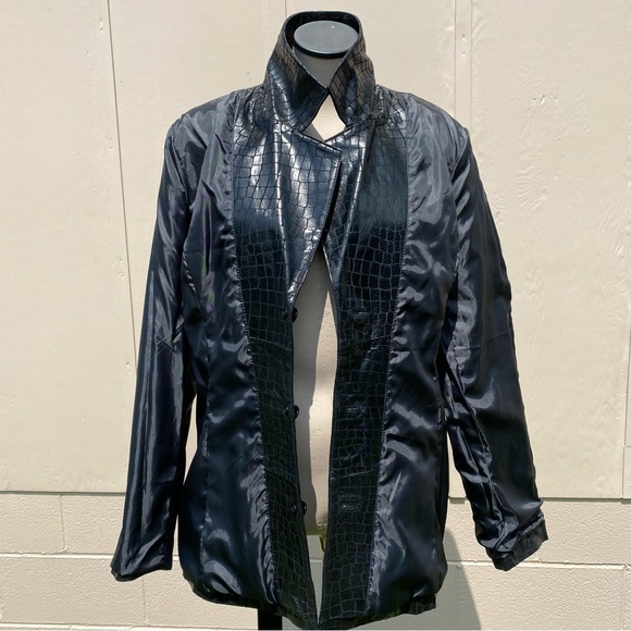 Dialogue Black Leather Jacket Croc Embossed Coat Lined Shimmer Size L Pockets - Picture 10 of 16